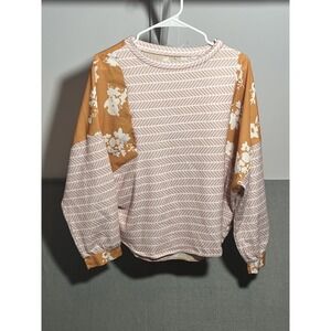 Women's Floral Herringbone Print‎ Pullover Blouse Top Long Sleeve Size S